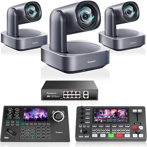 Tenveo 4K PTZ Camera Bundle/Kit - 3-Pack 12X Optical Zoom AI Cameras (LAN/HDMI/USB3.0), 5-inch Screen NDI Joystick Controller, 4K HDMI SDI Video Switcher and 8-Port PoE Switch in Kuwait