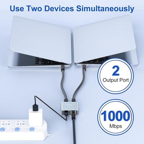 Gigabit Ethernet Splitter 1 to 2, 1000Mbps High Speed RJ45 Network Splitter, with 3FT Power Cable, 2 Devices Simultaneous Networking, for PC, Router, Cat8/7/6/5 Cable in Kuwait