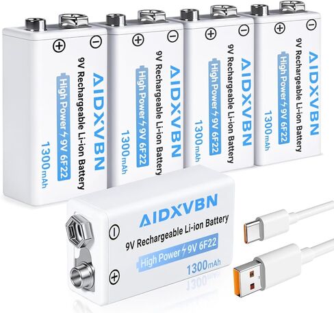 5 بطاريات ليثيوم أيون قابلة لإعادة الشحن USB-C بقدرة 9 فولت - شحن سريع لمدة ساعتين لأجهزة كشف الدخان ودواسات الجيتار وأجهزة القياس المتعددة مع كابل شحن 2 في 1 in Kuwait