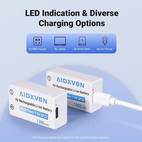 5 بطاريات ليثيوم أيون قابلة لإعادة الشحن USB-C بقدرة 9 فولت - شحن سريع لمدة ساعتين لأجهزة كشف الدخان ودواسات الجيتار وأجهزة القياس المتعددة مع كابل شحن 2 في 1 in Kuwait