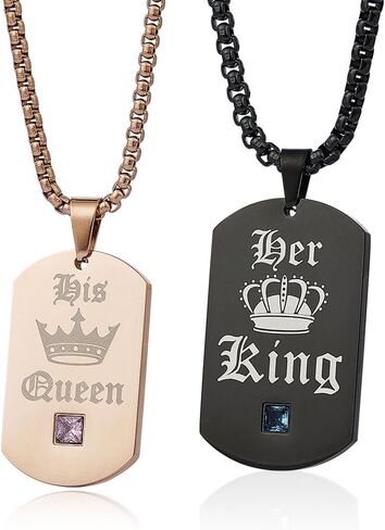 Wolentty King and Queen Couples Necklaces Stainless Steel Dog Tags Chain His & Hers Matching Jewelry Gifts for Valentine's Day in Saudi Arabia