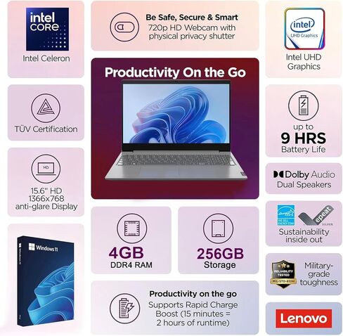 Lenovo V15 • 15.6" Anti-Glare Display • Intel Processor • 256GB SSD • WiFi 6 • HD Camera • Dolby Audio • Copilot AI • Windows 11 in Kuwait
