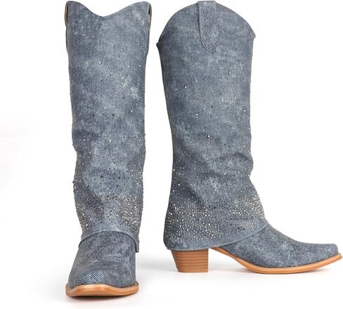 FIFSY Rhinestone Denim Leather Cowgirl Boots for Women Fold Over Knee High Cowboy Boots Chunky Heel Pointed Toe Sparkly Booties in Saudi Arabia