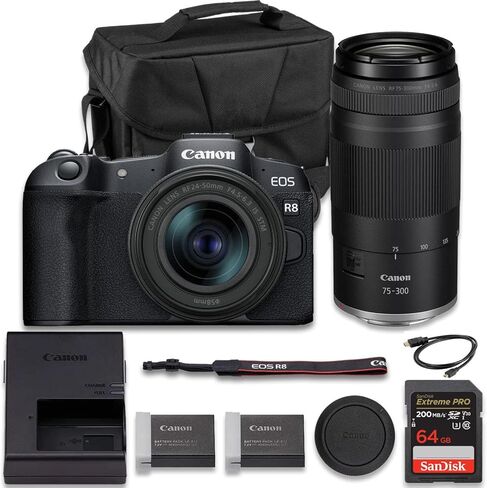 Canon EOS R8 Mirrorless Camera with Extra LP-E17 Lithium-Ion Battery + SanDisk Extreme Pro 64GB and Camera Carrying Case (11pc Bundle) in Saudi Arabia