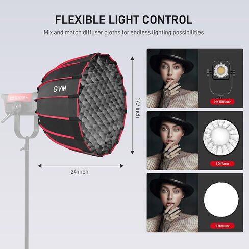 GVM 24" Quick-Release Softbox for Bowens Mount Light, 16-Rod Parabolic Softbox with Honeycomb Grid & Diffusers for GVM SD200B/SD300B/SD500B/SD650B/SD300C/SD700B Video Light in Kuwait