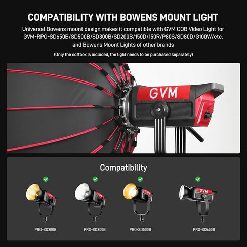 GVM 24" Quick-Release Softbox for Bowens Mount Light, 16-Rod Parabolic Softbox with Honeycomb Grid & Diffusers for GVM SD200B/SD300B/SD500B/SD650B/SD300C/SD700B Video Light in Kuwait