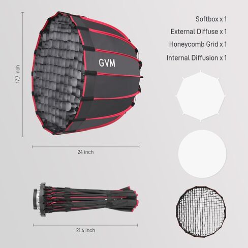 GVM 24" Quick-Release Softbox for Bowens Mount Light, 16-Rod Parabolic Softbox with Honeycomb Grid & Diffusers for GVM SD200B/SD300B/SD500B/SD650B/SD300C/SD700B Video Light in Kuwait