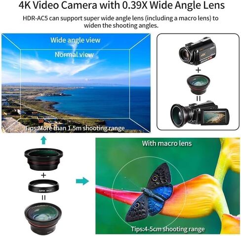 ORDRO AC5 Plus 4K Video Camera Camcorder with 12X Optical Zoom &120X Digital Zoom Vlog Camera for YouTube, Rotatable Touch Screen-Vlogging Camcorder with Anti-Shake, Autofocus & Time-Lapse in Saudi Arabia