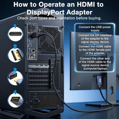محول HDMI إلى DisplayPort أحادي الاتجاه (4K عند 60 هرتز/1080P عند 120 هرتز) | محول HDMI (المصدر) 2.0 أنثى إلى DP (العرض) 1.2 ذكر متوافق مع أجهزة الكمبيوتر المحمول وAMD وNVIDIA وPS5 وXbox والمزيد - حزمة واحدة in Kuwait