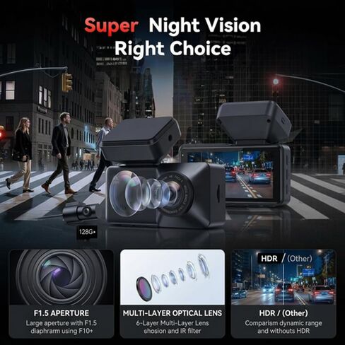 4K Front and Rear Dash Cam, Dual Dash Camera with WiFi and GPS, STARVIS 2 Night Vision, 170° Wide Angle Car Dash Camera, 128GB Card Included, Supports Up to 512GB in Kuwait