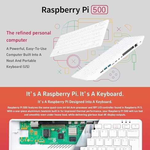مضيف لوحة المفاتيح KLAYERS Pi 500 - تصميم أمريكي، تصميم مضغوط مع RPi 5 مدمج، معالج ARM رباعي النواة 64 بت، وحدة تحكم RP1 I/O، مخرج مزدوج 4K، مشتت حراري من الألومنيوم مدمج in Kuwait