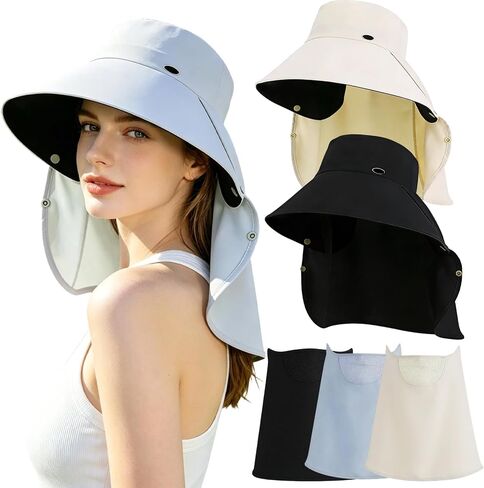 3Pcs Sun Hats for Women Men, UV Sun Protection Wide Brim Fishing Hat with Detachable Face Cover&Neck Flap for Hiking Garden in Kuwait