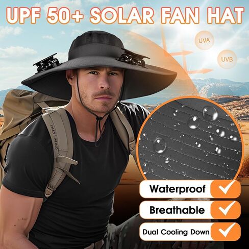 Solar Powered Fan Hat with 2 Removable Fans Wide Brim Sun Hat for Outdoor Fishing, Hiking, Gardening, USB Solar Charging Black in Kuwait