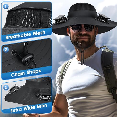 Solar Powered Fan Hat with 2 Removable Fans Wide Brim Sun Hat for Outdoor Fishing, Hiking, Gardening, USB Solar Charging Black in Kuwait