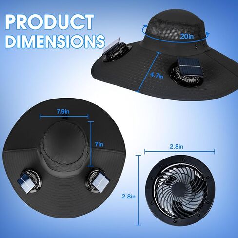 Solar Powered Fan Hat with 2 Removable Fans Wide Brim Sun Hat for Outdoor Fishing, Hiking, Gardening, USB Solar Charging Black in Kuwait