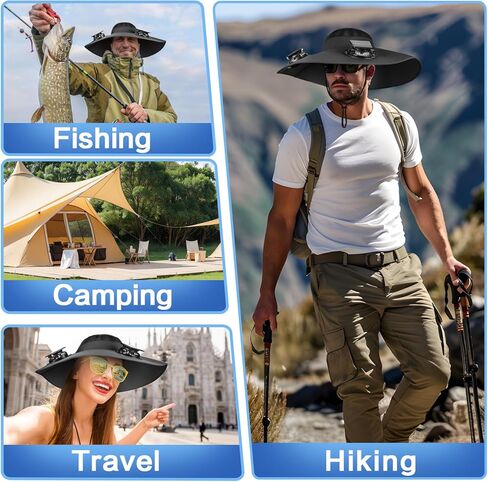 Solar Powered Fan Hat with 2 Removable Fans Wide Brim Sun Hat for Outdoor Fishing, Hiking, Gardening, USB Solar Charging Black in Kuwait