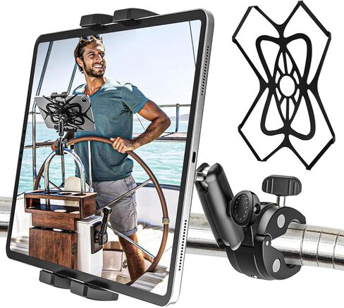 Boat Tablet Holder Mount Metal Heavy Duty, Boat Helm Marine Yacht Sailboat iPad Stand with Aluminum Arm, Pole Bar Tube Handlebar Bike Clamp for Tablets & Phones, 4-13" (with Anti-Fall Strap) in Kuwait