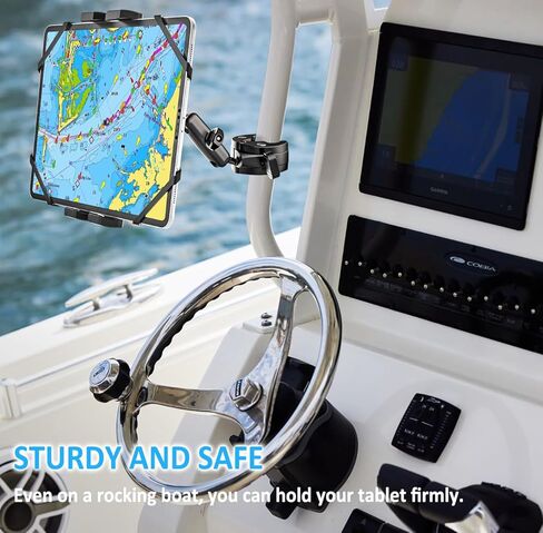 Boat Tablet Holder Mount Metal Heavy Duty, Boat Helm Marine Yacht Sailboat iPad Stand with Aluminum Arm, Pole Bar Tube Handlebar Bike Clamp for Tablets & Phones, 4-13" (with Anti-Fall Strap) in Kuwait