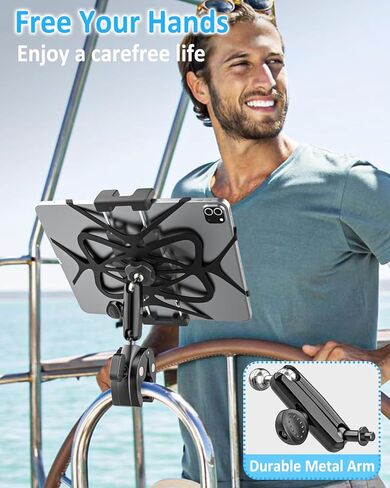 Boat Tablet Holder Mount Metal Heavy Duty, Boat Helm Marine Yacht Sailboat iPad Stand with Aluminum Arm, Pole Bar Tube Handlebar Bike Clamp for Tablets & Phones, 4-13" (with Anti-Fall Strap) in Kuwait