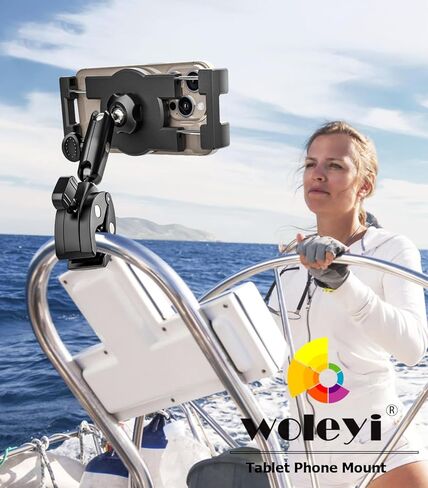 Boat Tablet Holder Mount Metal Heavy Duty, Boat Helm Marine Yacht Sailboat iPad Stand with Aluminum Arm, Pole Bar Tube Handlebar Bike Clamp for Tablets & Phones, 4-13" (with Anti-Fall Strap) in Kuwait