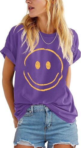 ReachMe Womens Summer Cute Smile Face Graphic T-Shirts Trendy Vintage Casual Loose Short Sleeve Tee Shirts in Saudi Arabia