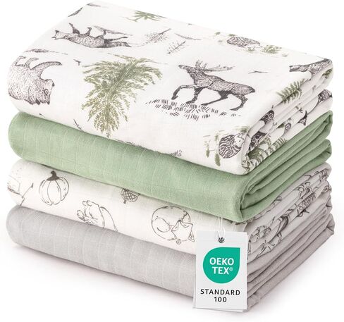 david's kids Muslin Swaddle Blankets, 4 Pack Organic Cotton Baby Blankets, Breathable Soft Receiving Blanket for Boys Girls, Newborn Essentials, Large 47 x 47 inches, Animal & Forest in Saudi Arabia