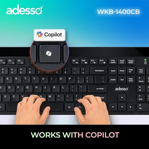 Adesso WKB-1400CB Wireless Keyboard and Mouse Combo with Copilot AI Hotkey, 2.4GHz Low Profile Quiet Switches, 104 Key Full Size, 12 Multimedia Hotkeys, for Windows 11 10 MacOS, Black in Kuwait