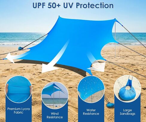 خيمة الشاطئ للمأوى الشمسي، 14 × 11 قدم UPF50+ مظلة ظل للشاطئ للحماية، سهلة الإعداد، مع 8 أكياس رمل، 4 أقطاب استقرار، مجرفة رمل، مسامير أرضية، ظل خارجي للرمال، والتخييم، وصيد الأسماك in Kuwait