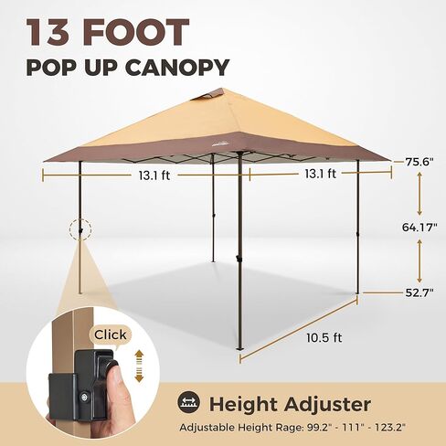 OUTDOOR LIVING SUNTIME 13x13 Instant Easy Pop Up Canopy,Portable Commercial Gazebo Camping Gazebo Tent Shelter with Wheeled Roller Carry Bag, Bonus Weight Sandbags, Stakes, Ropes -Khaki in Kuwait