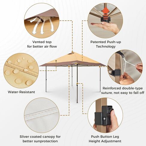 OUTDOOR LIVING SUNTIME 13x13 Instant Easy Pop Up Canopy,Portable Commercial Gazebo Camping Gazebo Tent Shelter with Wheeled Roller Carry Bag, Bonus Weight Sandbags, Stakes, Ropes -Khaki in Kuwait