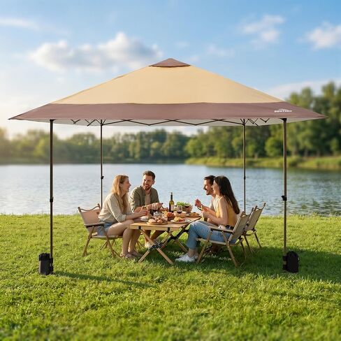 OUTDOOR LIVING SUNTIME 13x13 Instant Easy Pop Up Canopy,Portable Commercial Gazebo Camping Gazebo Tent Shelter with Wheeled Roller Carry Bag, Bonus Weight Sandbags, Stakes, Ropes -Khaki in Kuwait