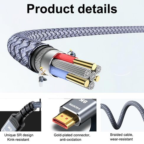 كابل HDMI طويل 8K@60 بطول 5أقدام، سلك HDMI عالي السرعة للألعاب بسرعة 48 جيجابت في الثانية 2.1، موصلات مضفرة من النايلون والذهبي للتلفزيون/الكمبيوتر المحمول/الشاشة/PS-5/X-box/جهاز العرض/الترفيه/نظام الصوت والمزيد، رمادي in Kuwait