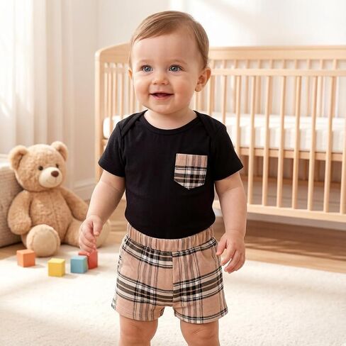 Baby Boy Shorts Set, Black Plaid Pocket Bodysuit & Checkered Shorts Outfit for Newborn Toddler 6-24 M in Saudi Arabia