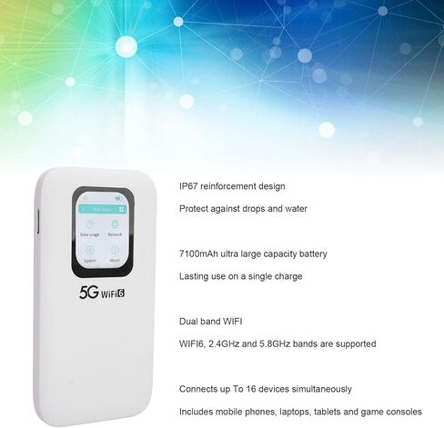 Cryfokt 5G WiFi 6 نقطة اتصال متنقلة، جهاز WiFi محمول مع بطارية 7100 مللي أمبير في الساعة وشاشة تعمل باللمس 2.01 بوصة، 5.4 × 2.8 × 0.6 بوصة، يدعم ما يصل إلى 16 جهازًا للسفر في آسيا وأوروبا in Kuwait