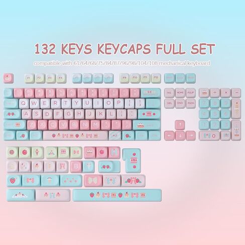 PBT Keycaps 132 Keys MOA Keycaps، مجموعة أغطية مفاتيح لطيفة بالفراولة الكريمية صبغ التسامي مخصصة للوحة المفاتيح الميكانيكية Cherry Gateron MX Swithes in Kuwait