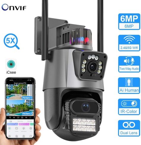 PTZ WiFi Outdoor security 2X3MP Dual Lens Linkage Camera 2.4/5G Security Camera for Home Security,IP66 Waterproof Wired,2-Way Audio,Auto Tracking,Pan/Tilt digital zoom color Night Vision, Light Alarm in Kuwait