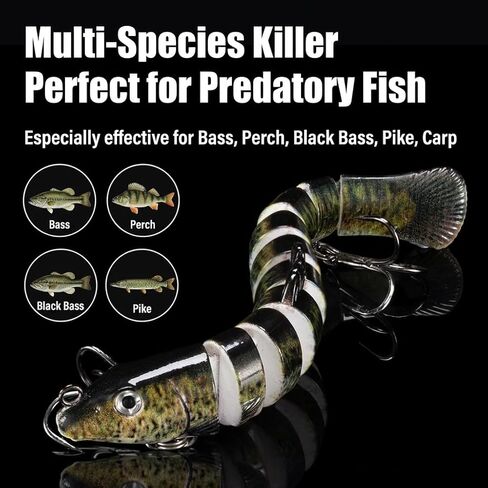 Multi-Species Killer Fishing Lures for Bass Trout Perch Pike Carp - Glow-in-the-Dark Multi Jointed Swimbaits with Bionic Texture, Water Movement Noise Attraction, Freshwater Lifelike Fishing Lures Kit in Kuwait