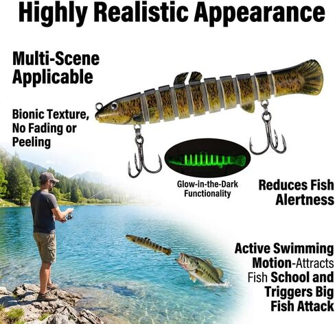 Multi-Species Killer Fishing Lures for Bass Trout Perch Pike Carp - Glow-in-the-Dark Multi Jointed Swimbaits with Bionic Texture, Water Movement Noise Attraction, Freshwater Lifelike Fishing Lures Kit in Kuwait