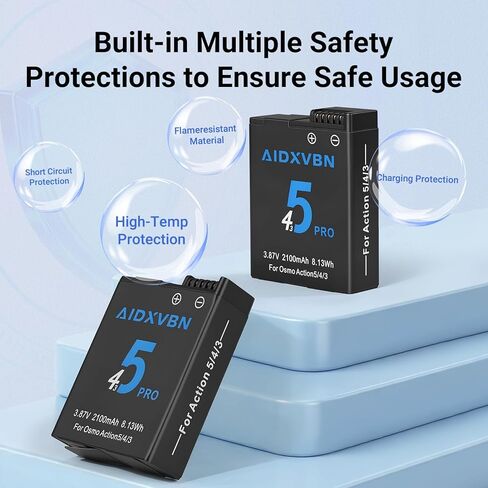 مجموعة شاحن Action 5 Pro/4/3، تتضمن عبوتين من بطاريات Action 5 Pro بقدرة 2100 مللي أمبير في الساعة وشاحن سريع بقناتين، متوافق مع DJI Osmo Action 5 Pro، وOsmo Action 4، وOsmo Action in Kuwait