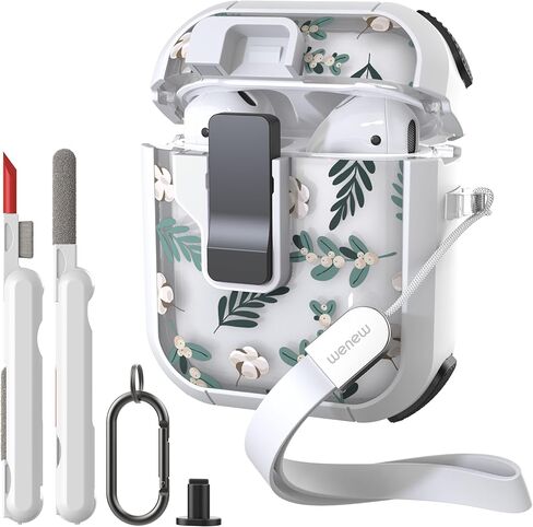 WENEW Case for AirPods 1 & 2 Case Cover Secure Lock Automatic Snap Switch Clip Cleaner Kit Lanyard Women Stylish Flower Armor Hard Shell (Butterfly, AirPods 1st & 2nd) in Kuwait
