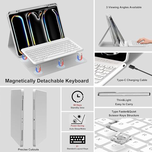 حافظة لوحة مفاتيح WINCHKING لجهاز iPad Pro 13 بوصة (M4) 2024، لوحة مفاتيح لاسلكية مغناطيسية قابلة للفصل، غطاء واقٍ ذكي لجهاز iPad مع حامل أقلام لجهاز iPad Pro 13 بوصة (M4)، رمادي فاتح in Kuwait