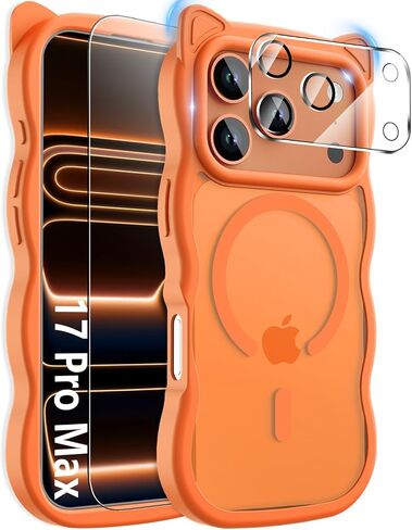 3 in 1 Magnetic for iPhone 17 Pro Max Case for Women Girls,1X Screen Protector+1X Camera Lens Protector,Compatible with MagSafe,Translucent Matte,Cute Cat-ear Wavy Phone Case,6.9",Bright Orange in Saudi Arabia
