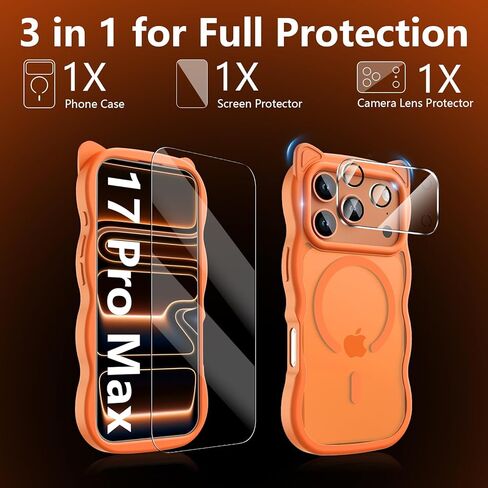 3 in 1 Magnetic for iPhone 17 Pro Max Case for Women Girls,1X Screen Protector+1X Camera Lens Protector,Compatible with MagSafe,Translucent Matte,Cute Cat-ear Wavy Phone Case,6.9",Bright Orange in Saudi Arabia