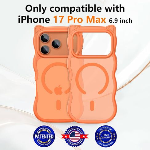 3 in 1 Magnetic for iPhone 17 Pro Max Case for Women Girls,1X Screen Protector+1X Camera Lens Protector,Compatible with MagSafe,Translucent Matte,Cute Cat-ear Wavy Phone Case,6.9",Bright Orange in Saudi Arabia