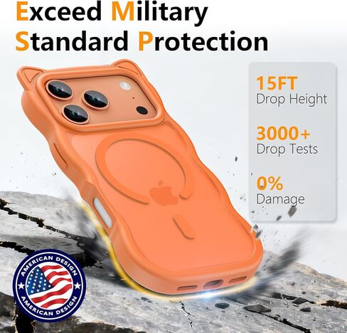 3 in 1 Magnetic for iPhone 17 Pro Max Case for Women Girls,1X Screen Protector+1X Camera Lens Protector,Compatible with MagSafe,Translucent Matte,Cute Cat-ear Wavy Phone Case,6.9",Bright Orange in Saudi Arabia