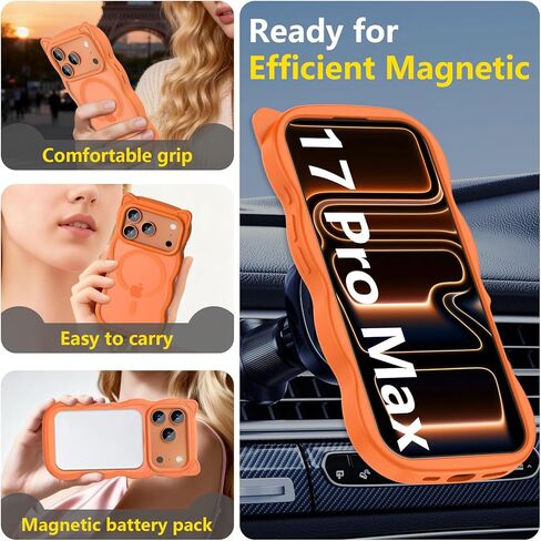 3 in 1 Magnetic for iPhone 17 Pro Max Case for Women Girls,1X Screen Protector+1X Camera Lens Protector,Compatible with MagSafe,Translucent Matte,Cute Cat-ear Wavy Phone Case,6.9",Bright Orange in Saudi Arabia