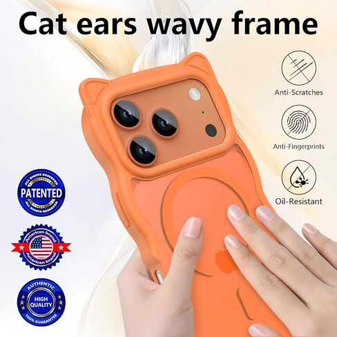 3 in 1 Magnetic for iPhone 17 Pro Max Case for Women Girls,1X Screen Protector+1X Camera Lens Protector,Compatible with MagSafe,Translucent Matte,Cute Cat-ear Wavy Phone Case,6.9",Bright Orange in Saudi Arabia