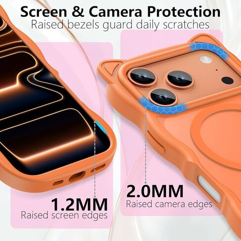 3 in 1 Magnetic for iPhone 17 Pro Max Case for Women Girls,1X Screen Protector+1X Camera Lens Protector,Compatible with MagSafe,Translucent Matte,Cute Cat-ear Wavy Phone Case,6.9",Bright Orange in Saudi Arabia