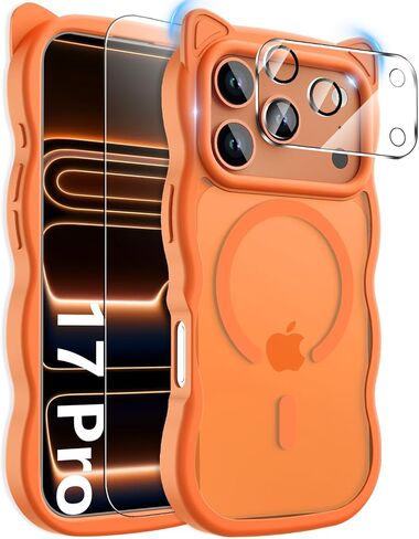 حافظة مغناطيسية 3 في 1 لهاتف iPhone 17 Pro Max للنساء والفتيات، واقي شاشة 1X + واقي عدسة الكاميرا 1X، متوافق مع MagSafe، غير لامع شفاف، حافظة هاتف مموجة لطيفة على شكل أذن القطة، 6.9 بوصة، برتقالي ساطع in Kuwait