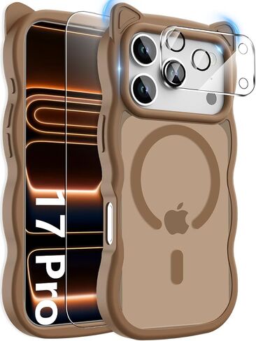 3 in 1 Magnetic for iPhone 17 Pro Max Case for Women Girls,1X Screen Protector+1X Camera Lens Protector,Compatible with MagSafe,Translucent Matte,Cute Cat-ear Wavy Phone Case,6.9",Bright Orange in Saudi Arabia